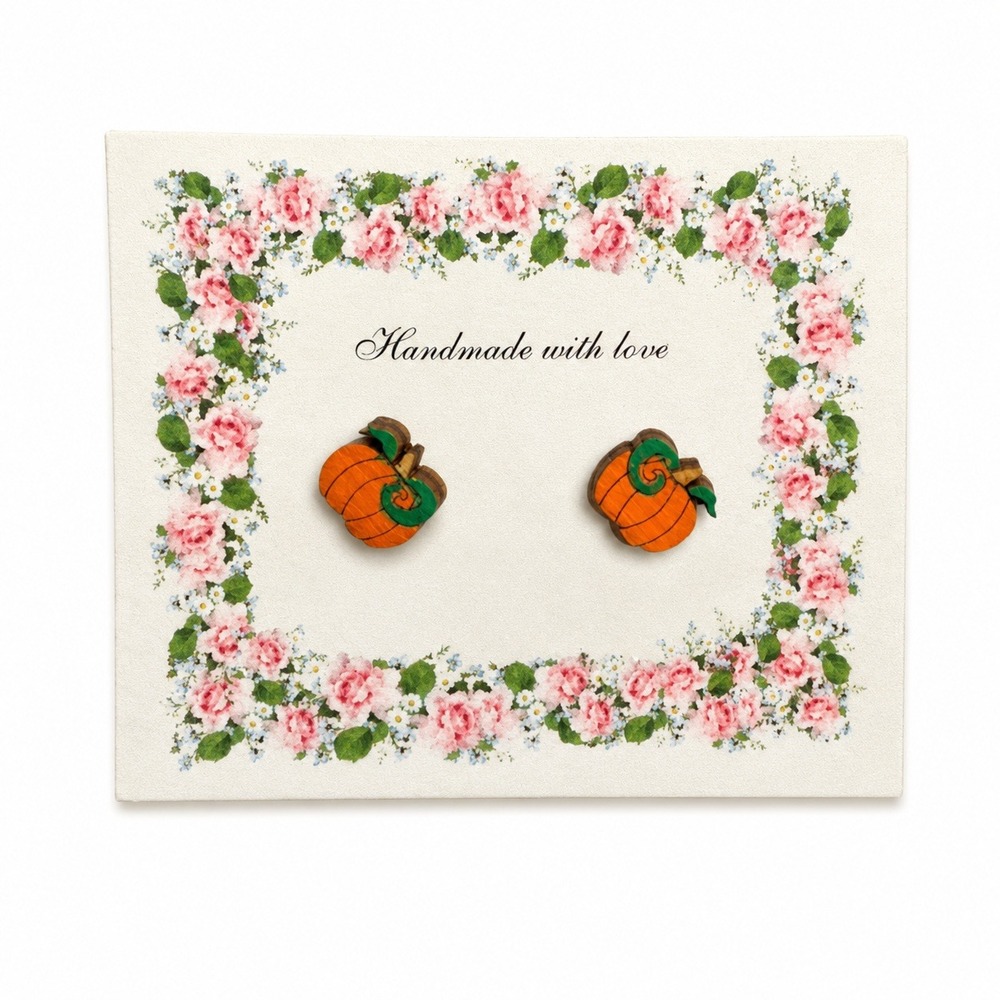 Handmade Pumpkin Stud Earrings Women OS Orange Wooden Fall Halloween Jewelry